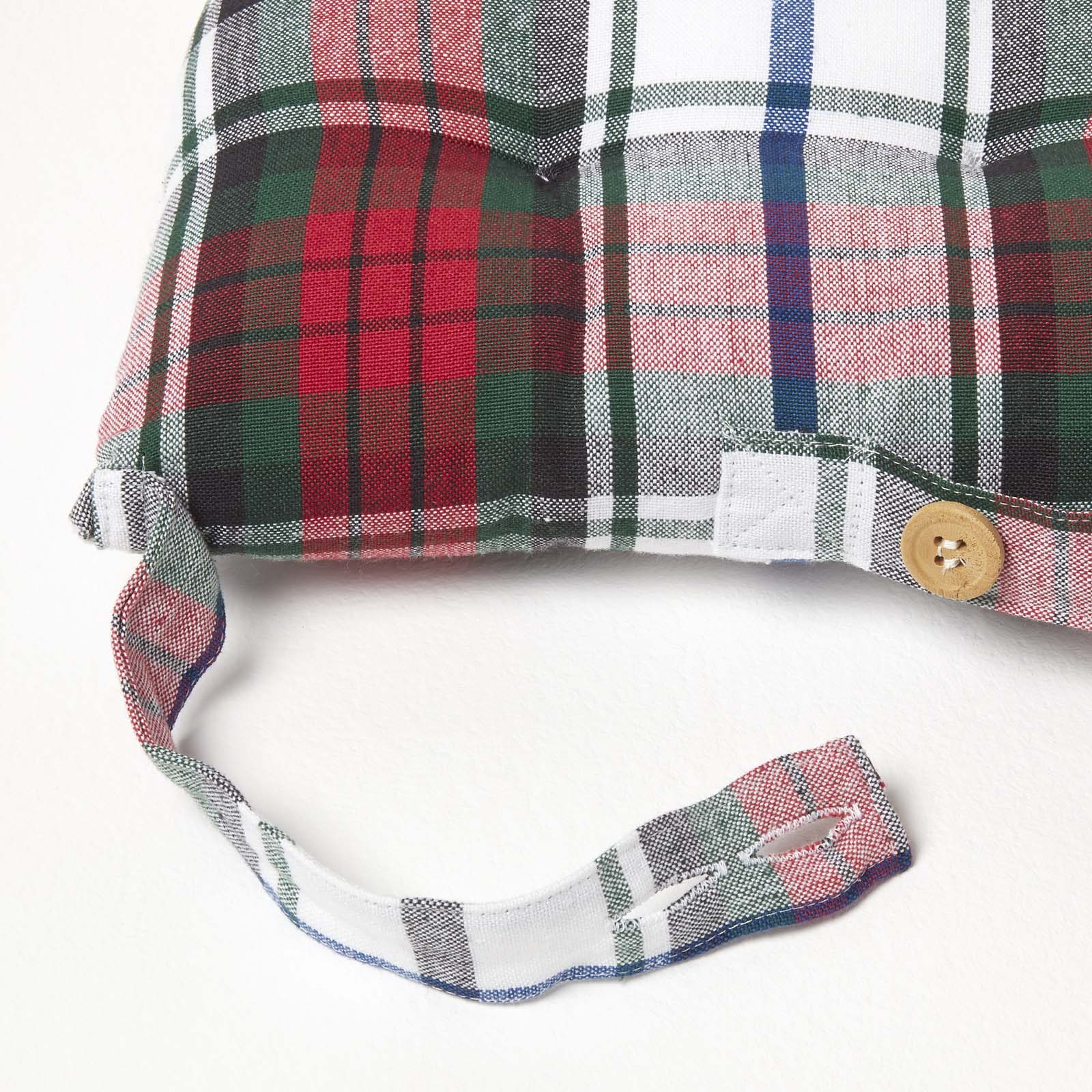 Tartan Check Seat Pad With Button Straps 100% Cotton, 40 X 40 Cm | Set-of-4 | Red