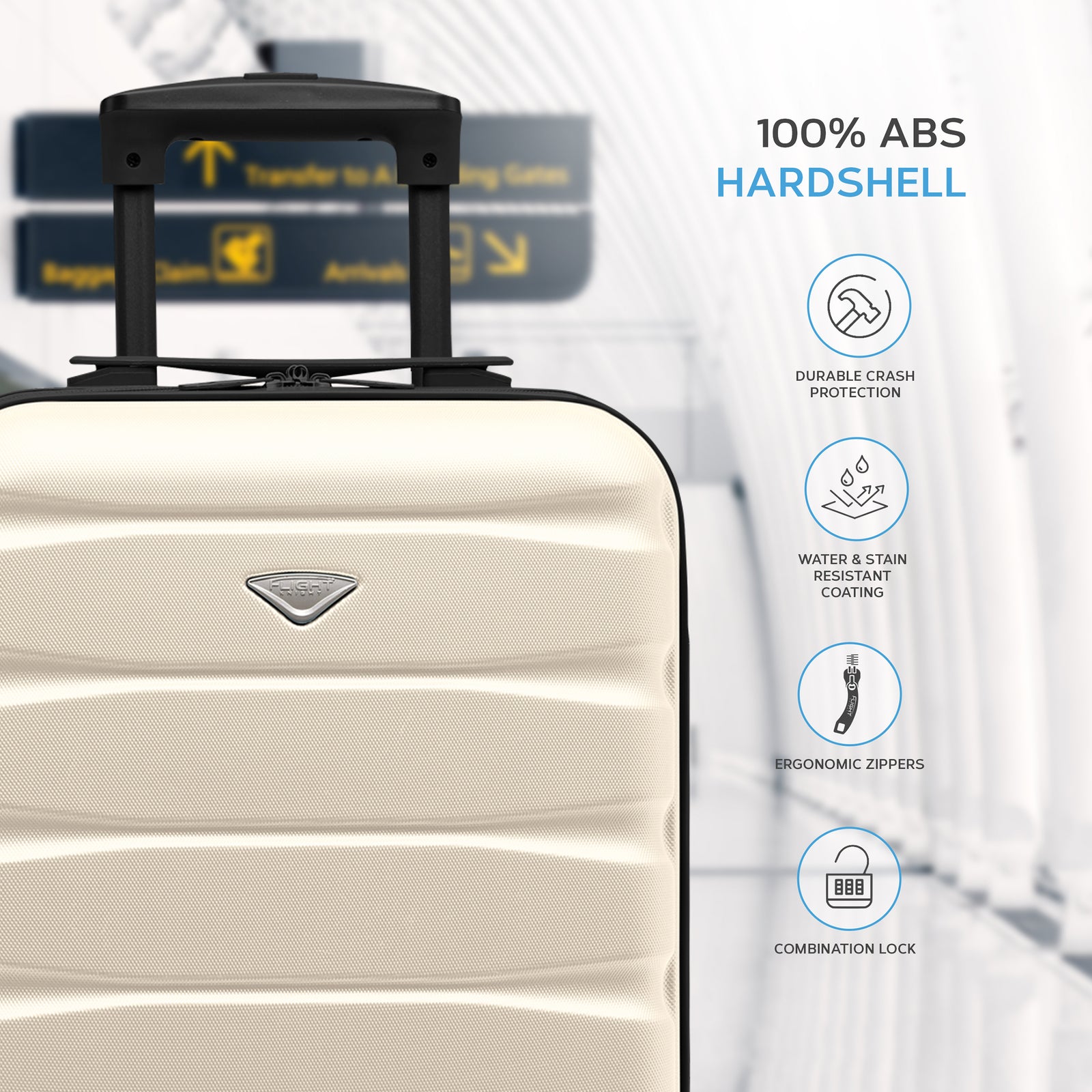 55x35x20cm Cabin Carry On Suitcase Hard Shell Overhead Luggage 100+ Airlines Approved | Cabin | Cream & Black