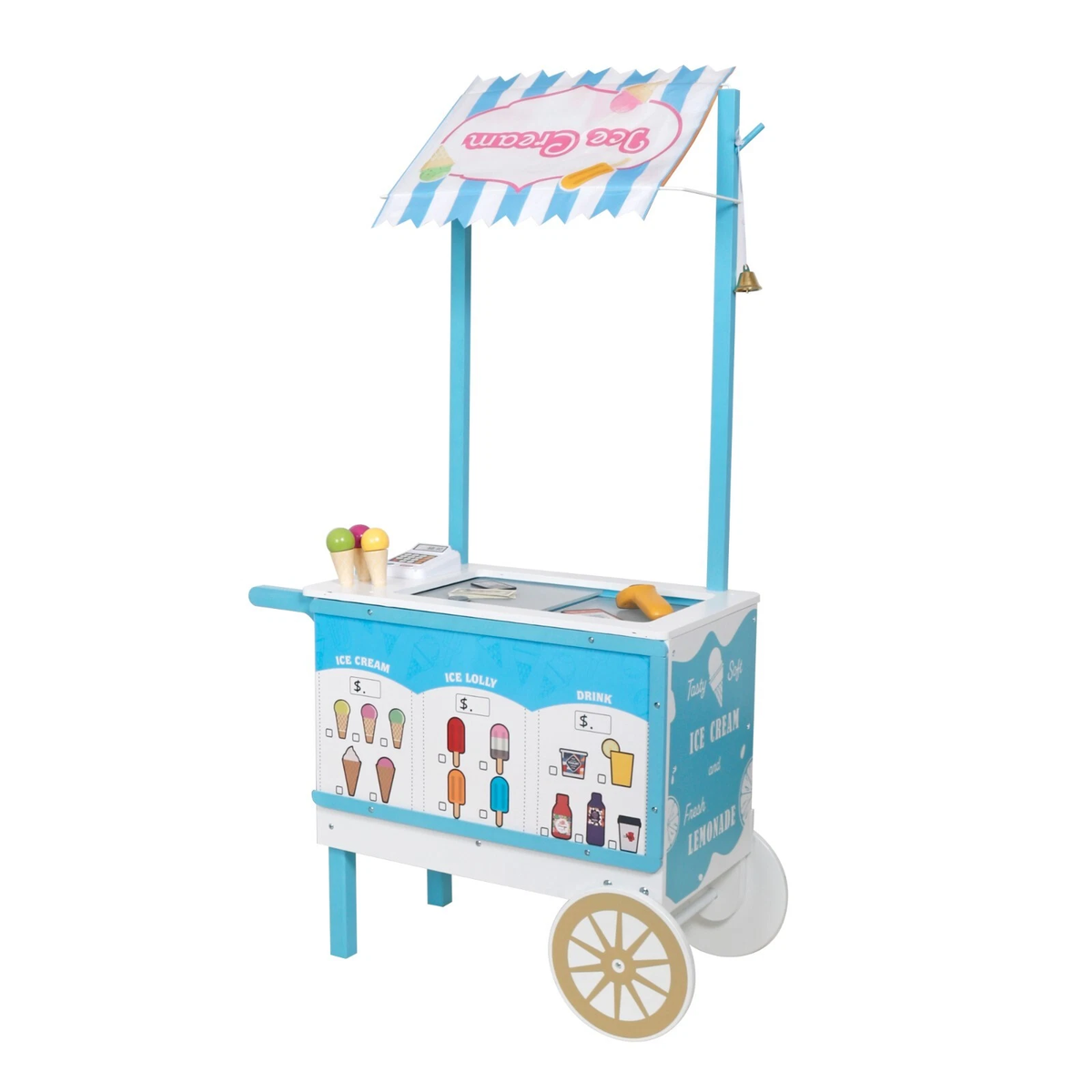Kids Wooden Food Cart Shop Pretend Play Toy Burger Ice Cream Stand 2 In 1 3+