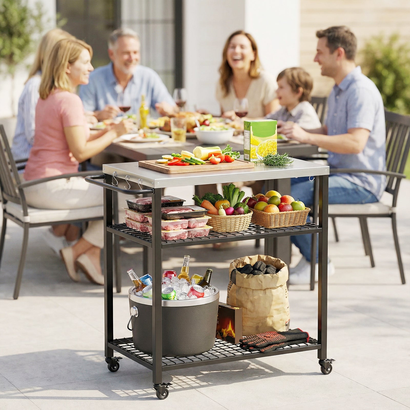 Outsunny Outdoor Grill Cart, Movable Food Prep Table With Wheels, Hooks