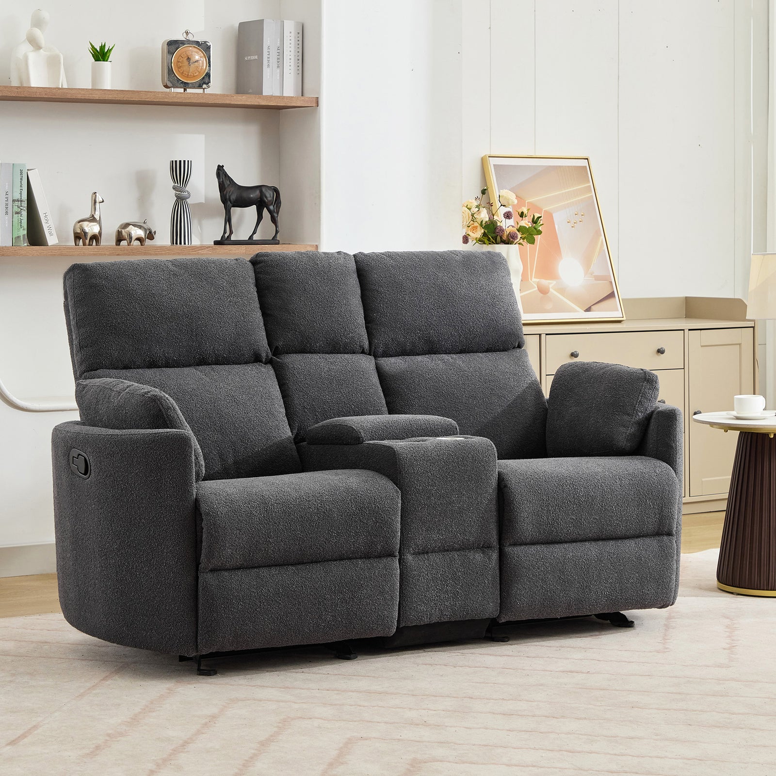 Powell 2 Seat Rocker Recliner Sofa With Centre Console | Dark Grey