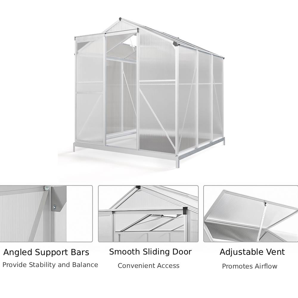 Polycarbonate Greenhouse With Base– Aluminium Frame Walk-in Greenhouse With Sliding Door & Ventilation Window For Plants & Flowers | Large | Clear