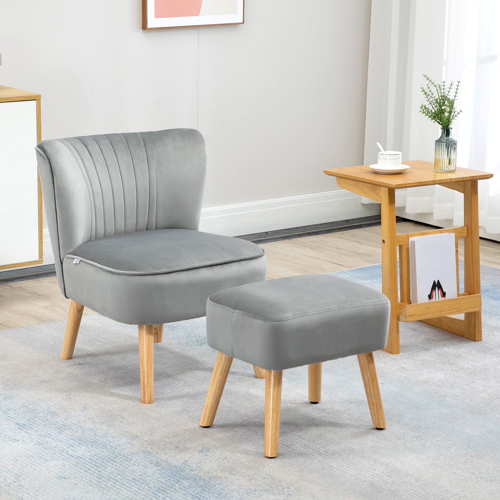 Velvet-feel Accent Chair W/ Ottoman Tub Seat Padding | One Size | Light Slate Gray