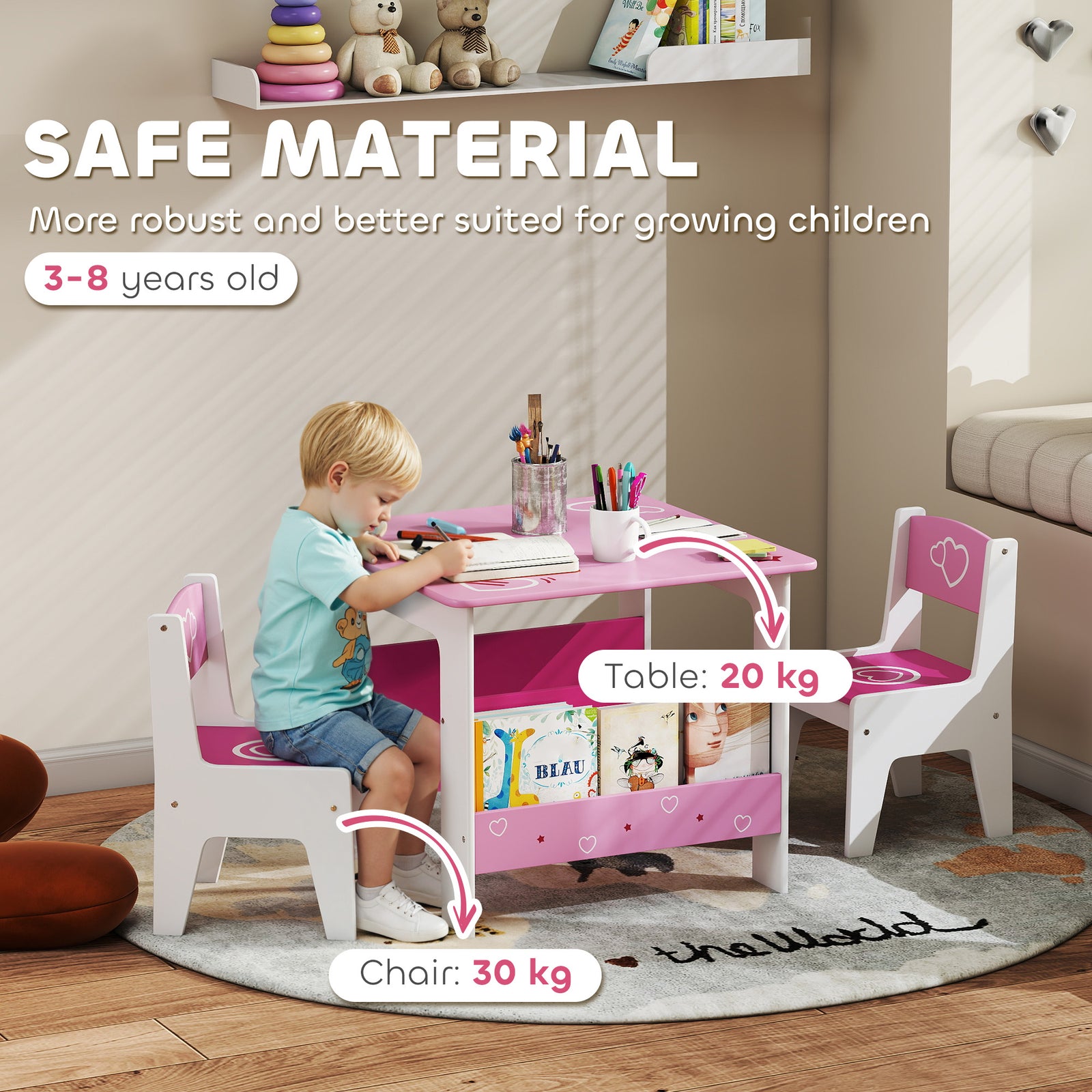 3 Pieces Kids Table And Chair Set With Bookshelves, Pink