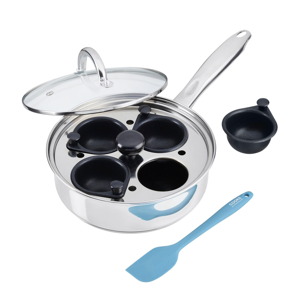 Stainless Steel Egg Poacher Pan With Spatula | 4 Cup | Silver