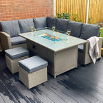 Conwy 8-seater Rattan Corner Gas Firepit Dining Set For Luxurious Outdoor Gatherings | Gray