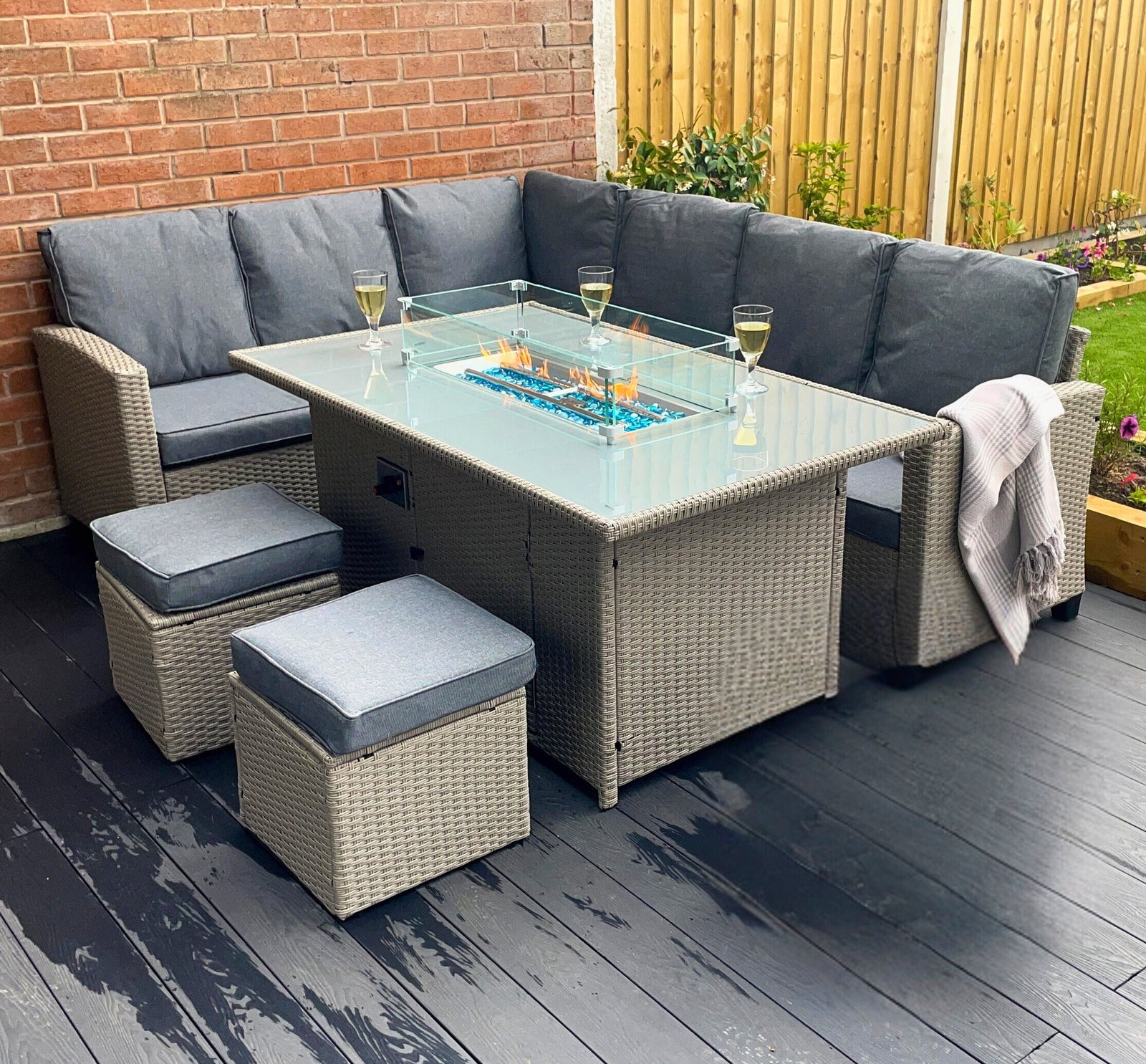Conwy 8-seater Rattan Corner Gas Firepit Dining Set For Luxurious Outdoor Gatherings | Gray