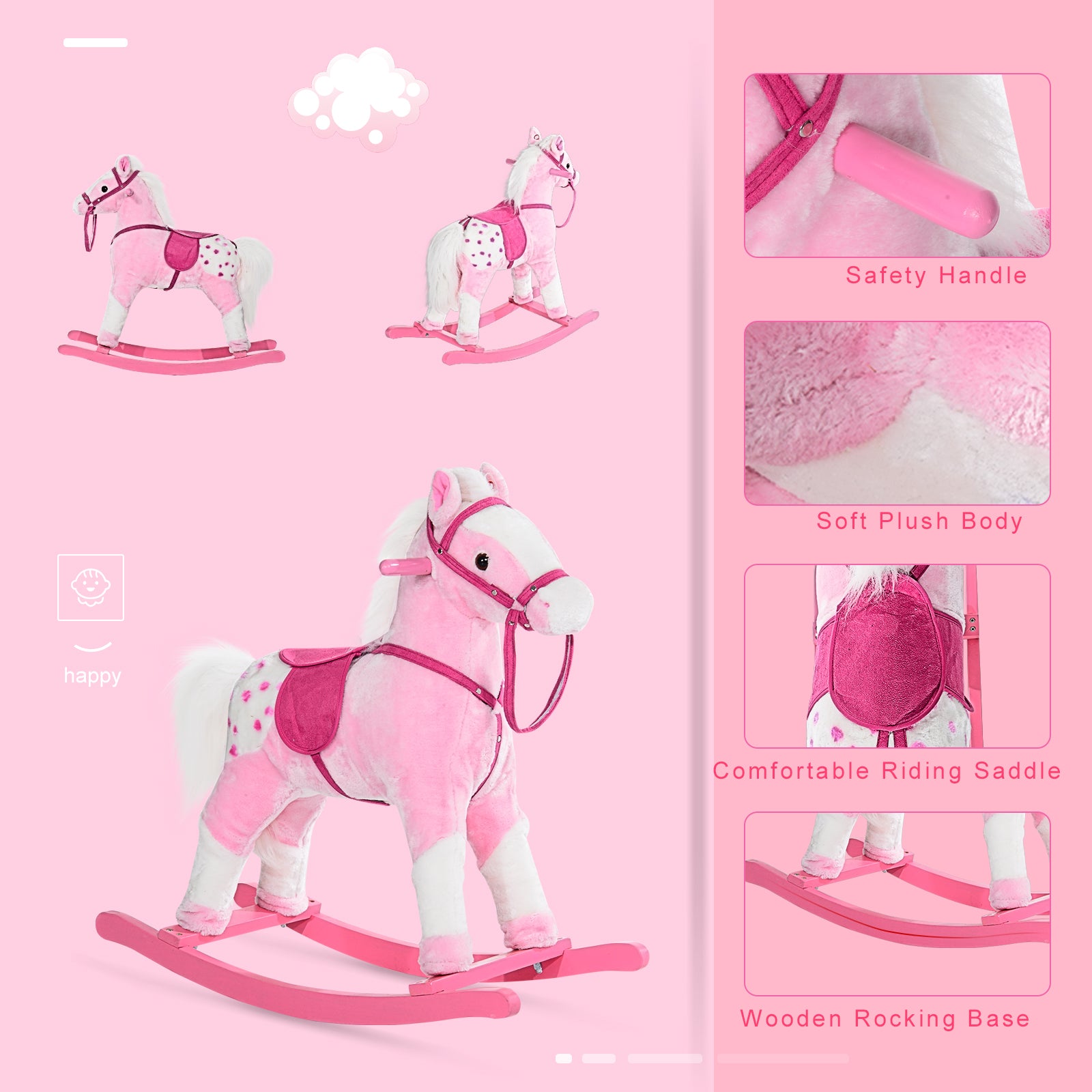 Rocking Horse Toy Plush Wood Pony Riding Rocker Neigh Sound | Pink