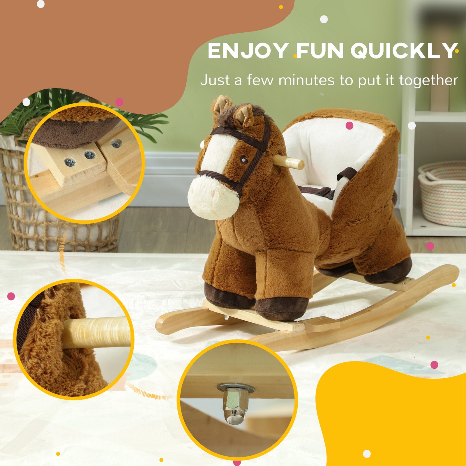 Kids Rocking Horse W/ Sound, Safety Belt - Brown