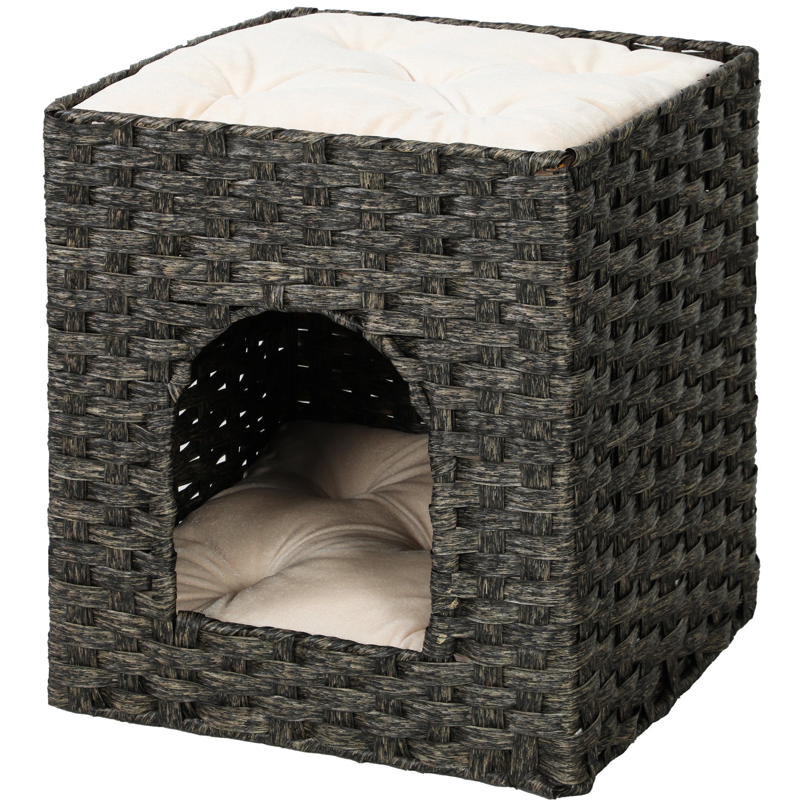 PawHut 2-tier Wicker Cat House, Rattan Cat Bed With Washable Cushions