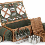 Deluxe Green Tweed Fitted Picnic Wicker Basket | 4-Person | Green