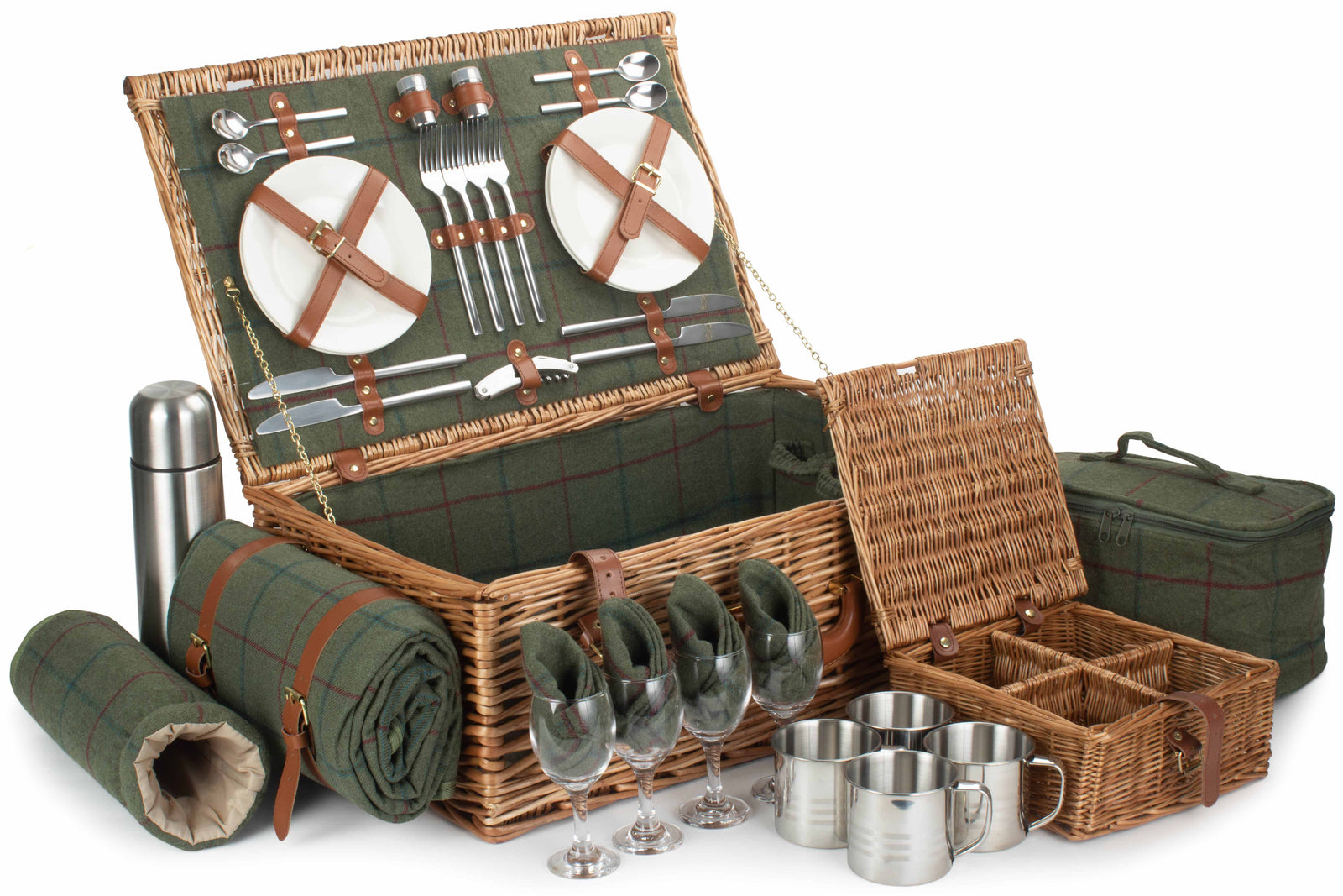 Deluxe Green Tweed Fitted Picnic Wicker Basket | 4-Person | Green