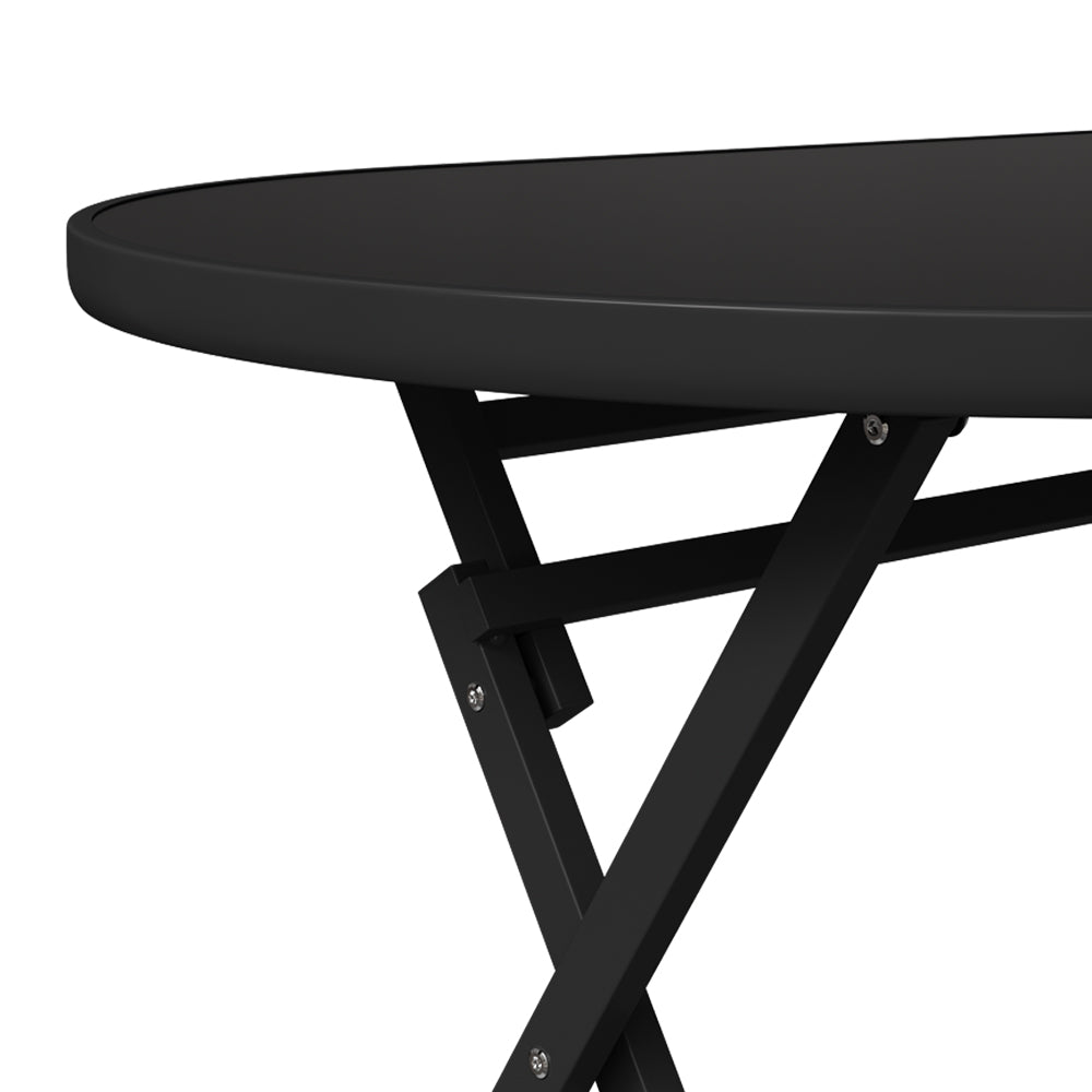 Outdoor Folding Table Black Tempered Glass Top With Umbrella Hole,140m W X 80cm D X 72cm H