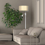 Marshall Hand Made Designer Floor Lamp In Matt White Metal And Natural Rattan Coloured Fabric