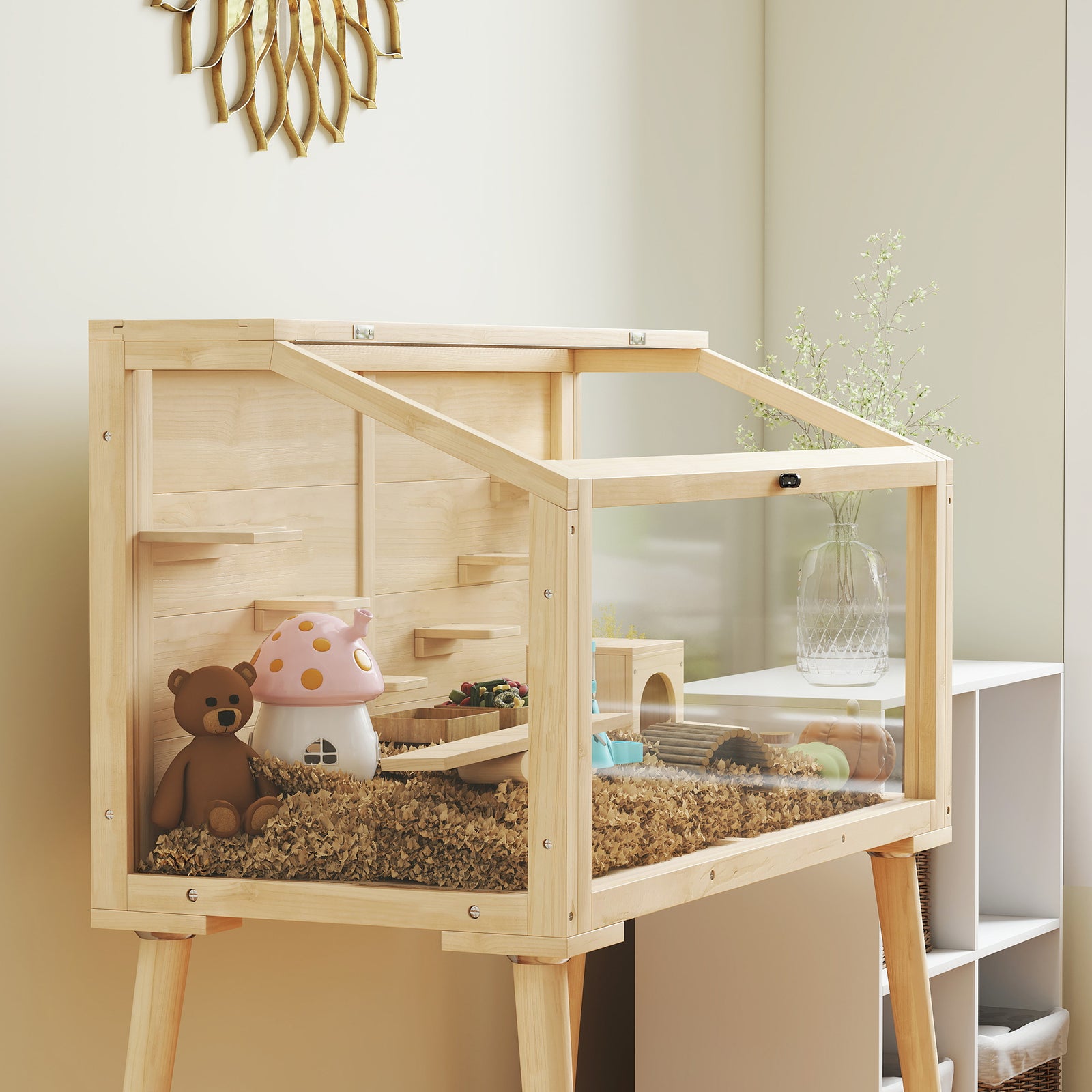 Wooden Hamster Cage, Gerbils Cage With Openable Top And Seesaws