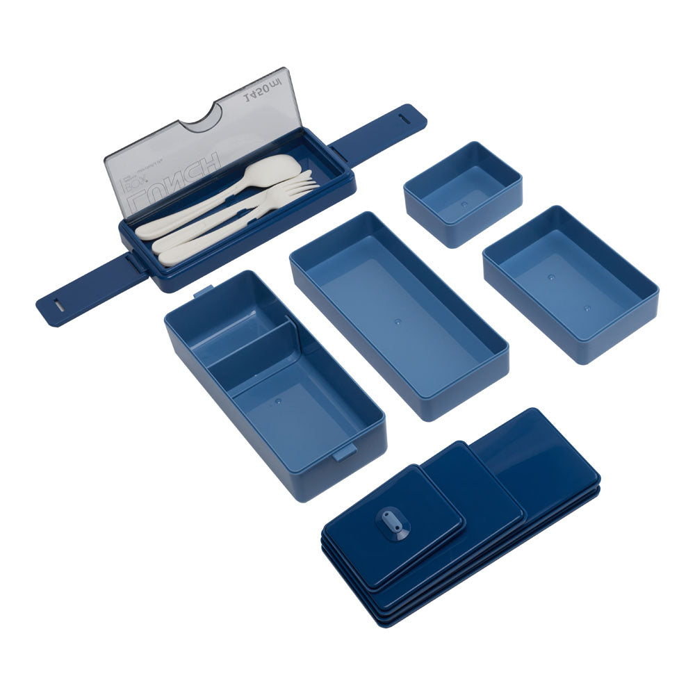 Bento-style Plastic Lunch Box With Cutlery 3-layer | Blue