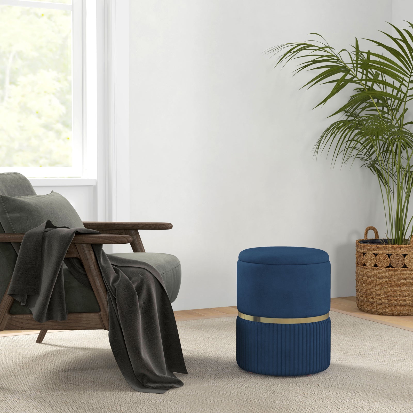Round Pouffe, Hidden Space, Cushioned Top | Dark Blue