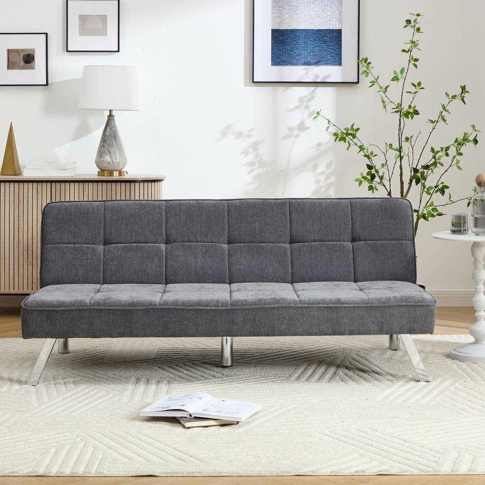 Modern Grey Fabric Sofa Bed With Folding Design – Tufted Upholstery, 28d Sponge Filling & Sturdy Iron Legs