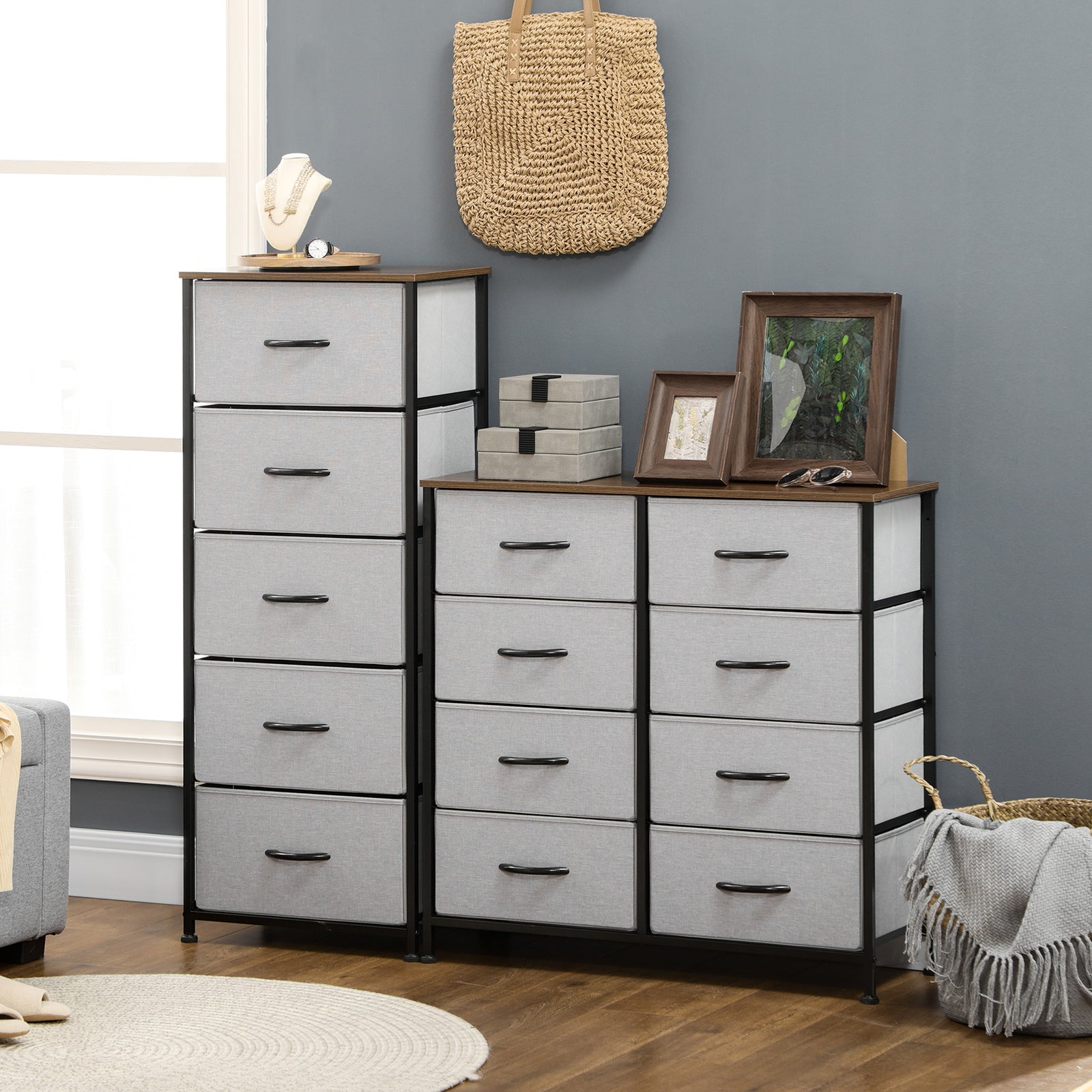 5 Drawer Fabric Chest Of Drawers W/ Wooden Top For Closet