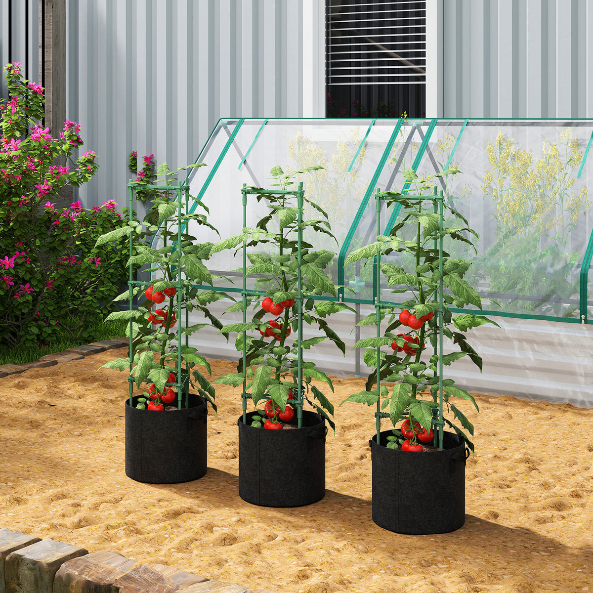 Outsunny 3 Packs Tomato Cages With 83.7l Grow Bags, 120cm Plant Stakes