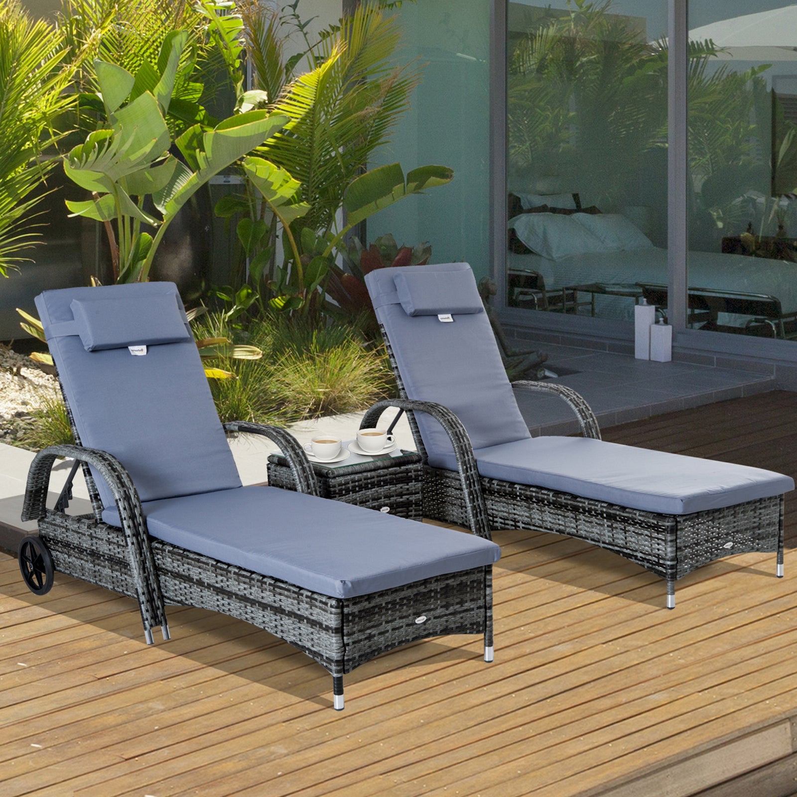 Rattan Sun Lounger Set With Side Table And Cushion