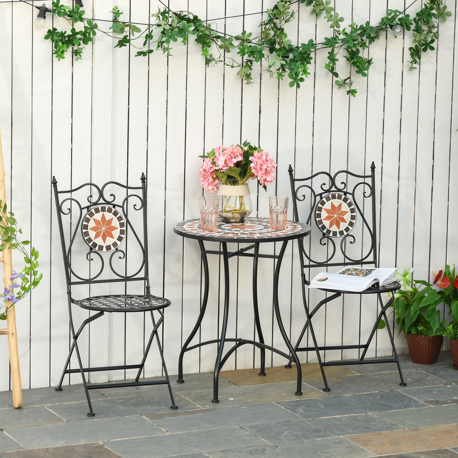 3pcs Garden Set 1 Ceramic Tile Table And 2 Foldable Chairs
