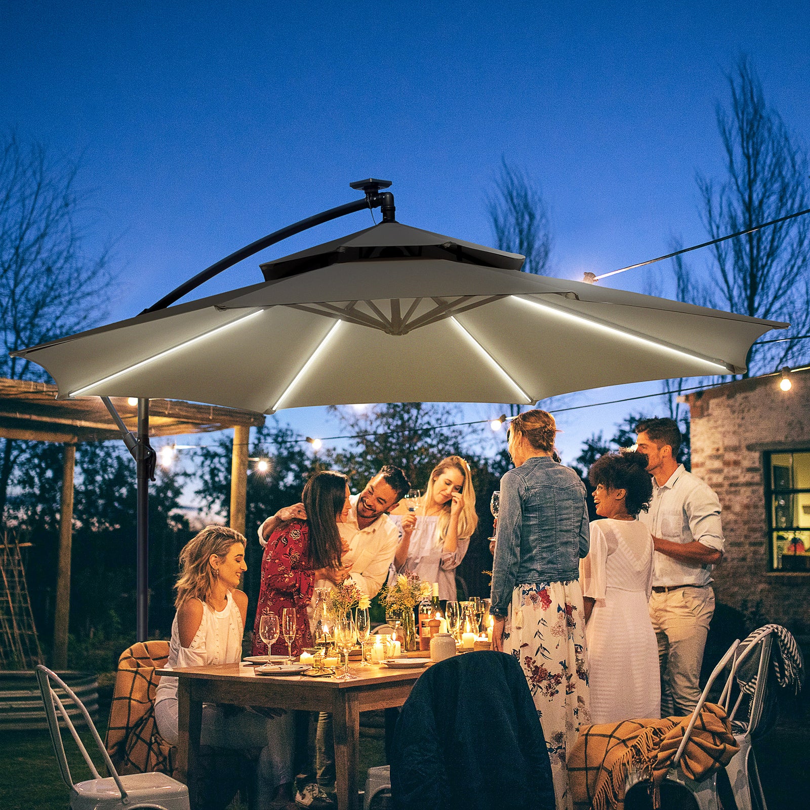 3m Cantilever Banana Parasol W/ Led Solar Lights | Light Slate Gray