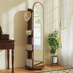 2-in-1 Full Length Mirror With Shelves, 4 Wheels, Brown Wood Effect | Brown