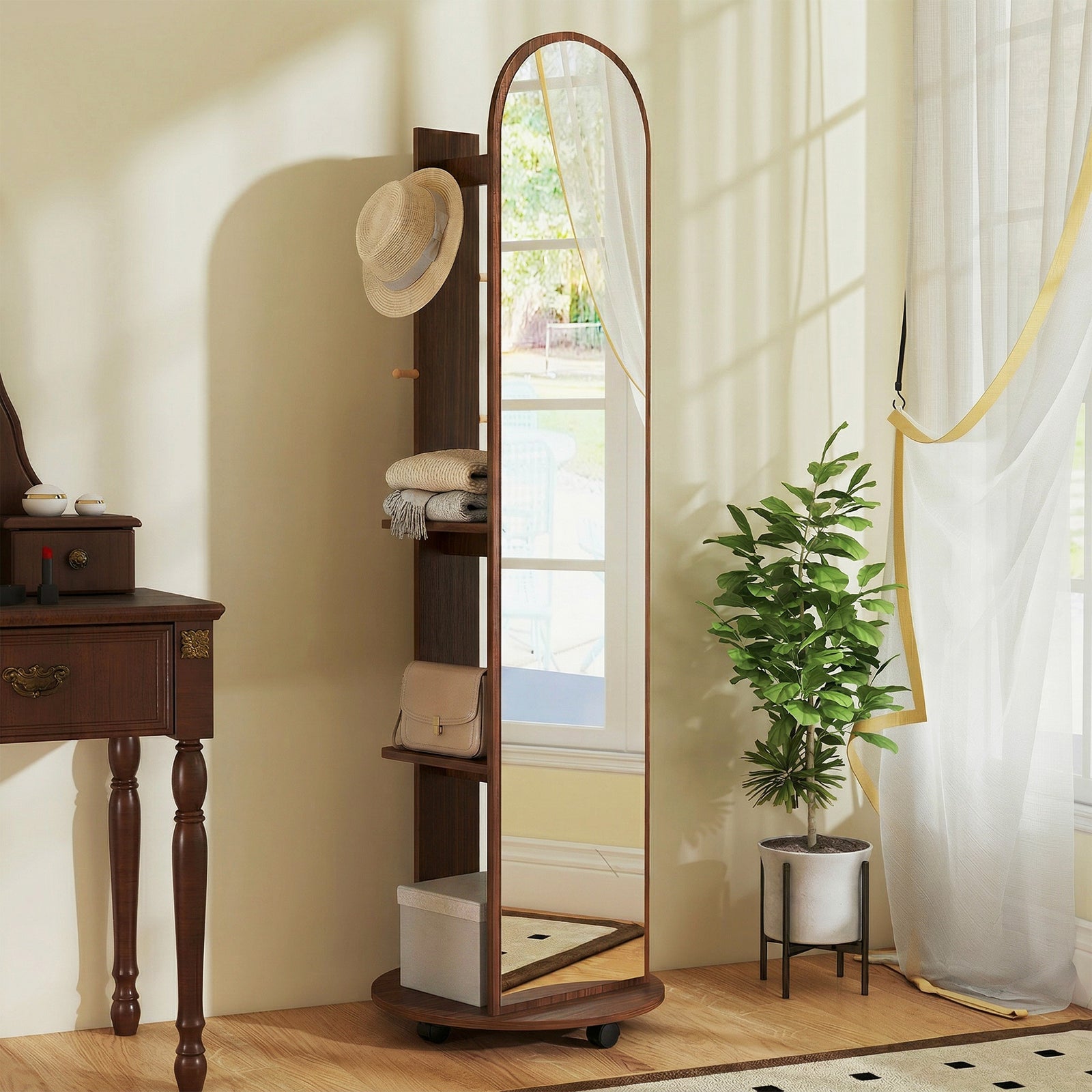 2-in-1 Full Length Mirror With Shelves, 4 Wheels, Brown Wood Effect | Brown