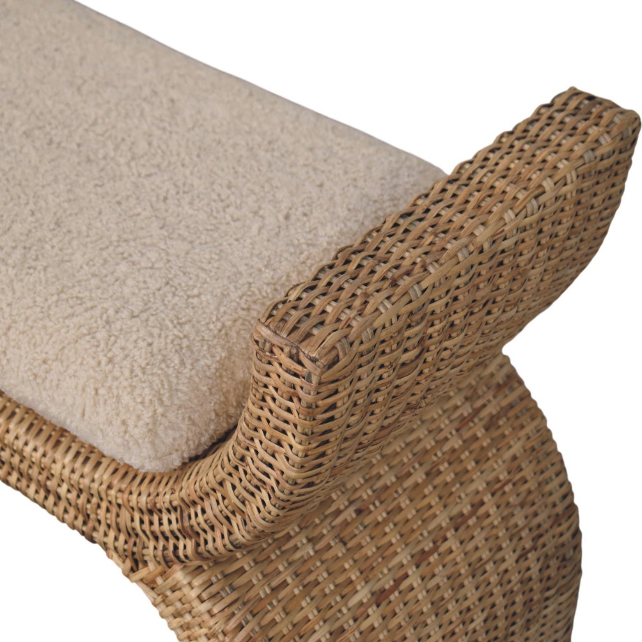 Artisan Furniture Solid Wood Rattan Weave Boucle Bench, Upholstered