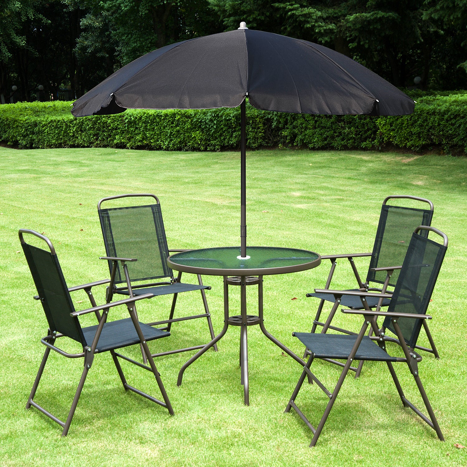 6pc Garden Dining Set Furniture Folding Chairs Table Parasol | Black