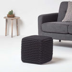 HOMESCAPES Black Cube Cotton Knitted Pouffe Footstool