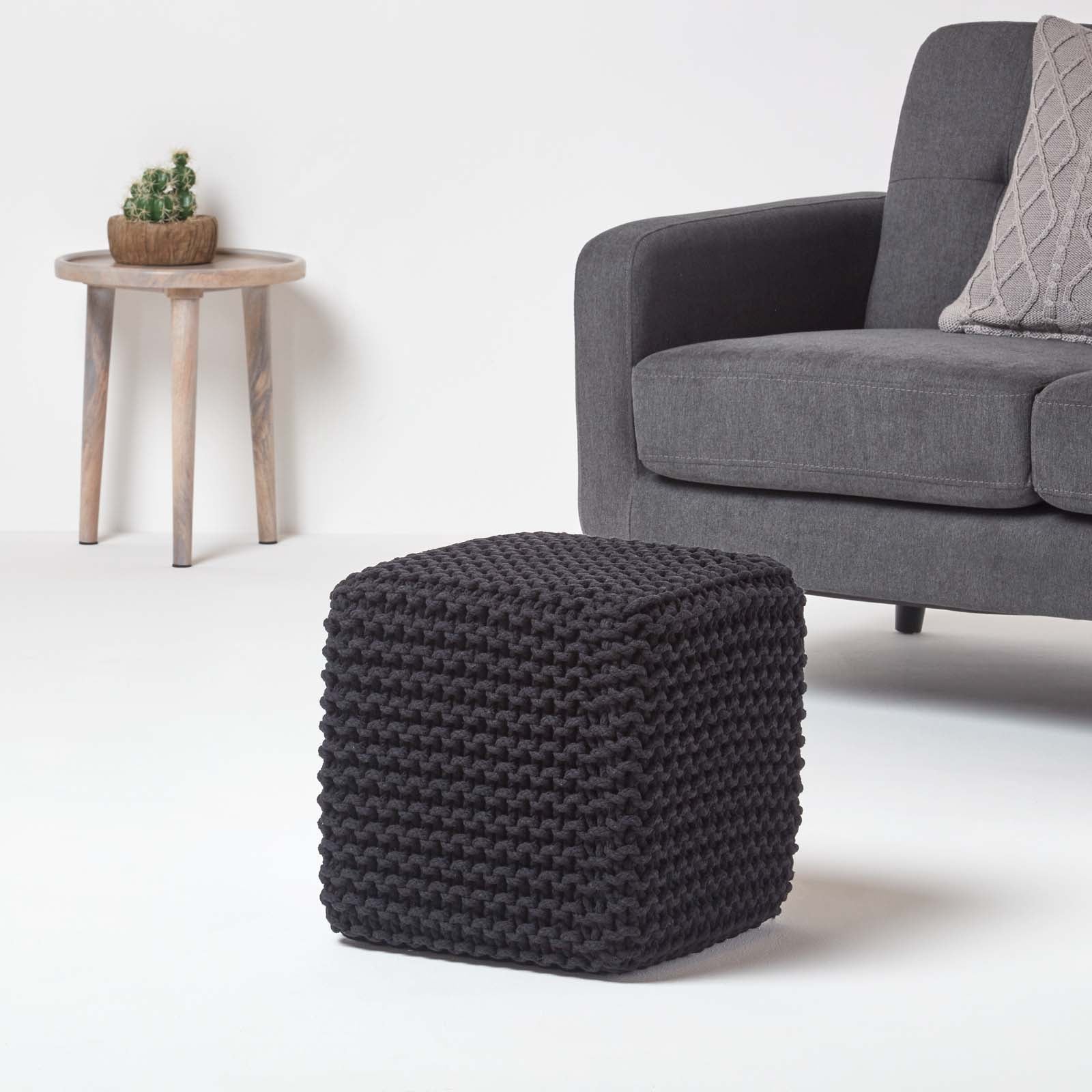 HOMESCAPES Black Cube Cotton Knitted Pouffe Footstool