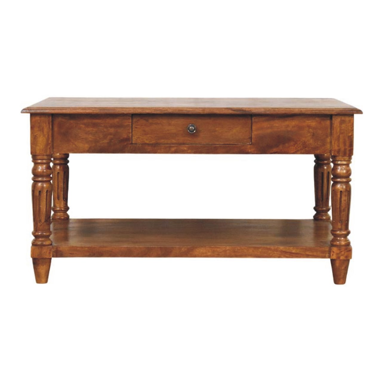 Solid Wood Turned Legs Chestnut Coffee Table, 2 Drawers And Open Shelf, Dark Brown | Dark Brown