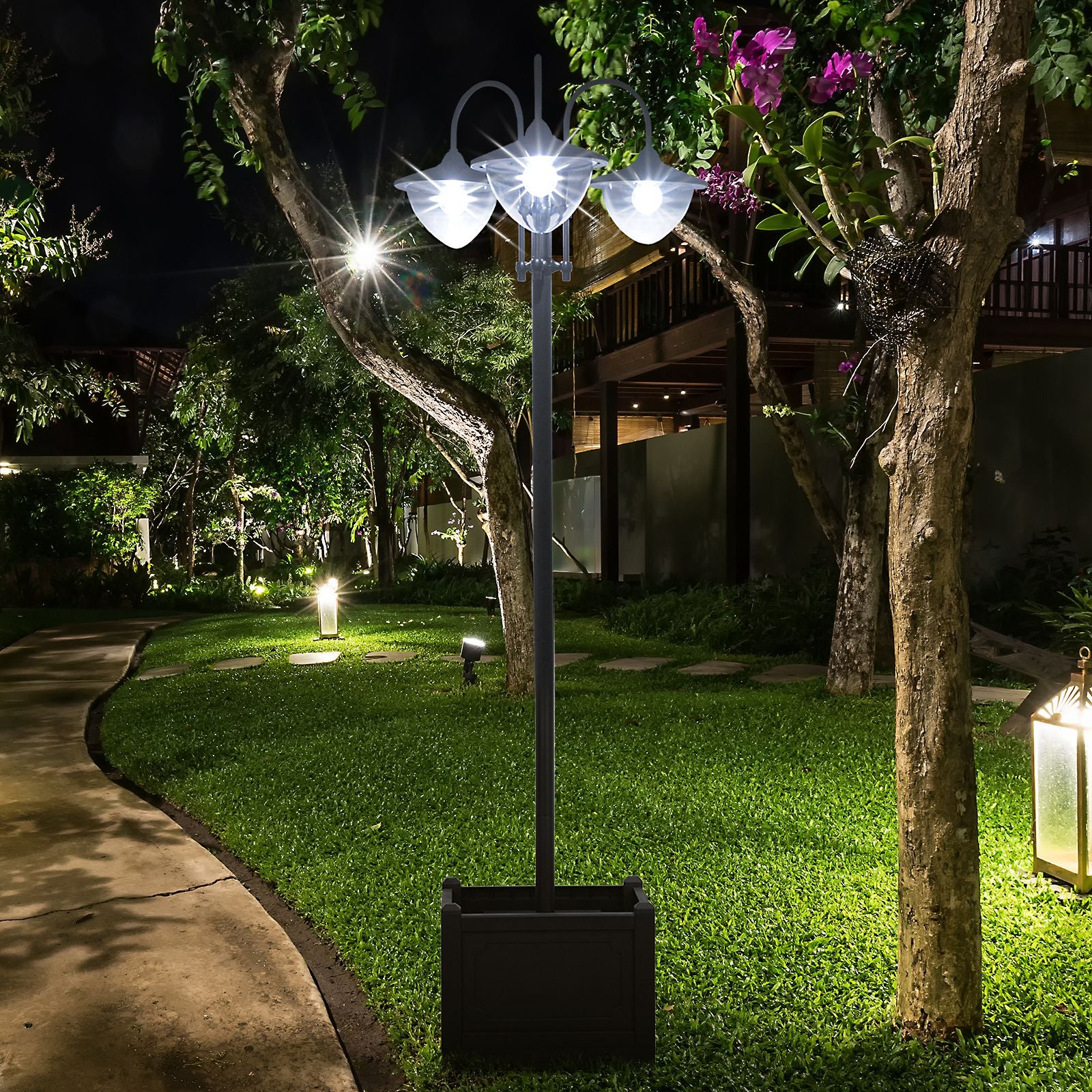 3-head Led Solar Light Lamp Street Light Post W/ Base