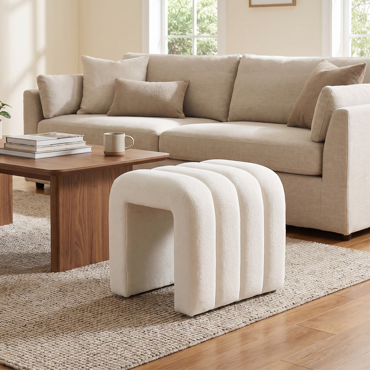 Modern U-shaped Upholstered Footstool | One Size | White