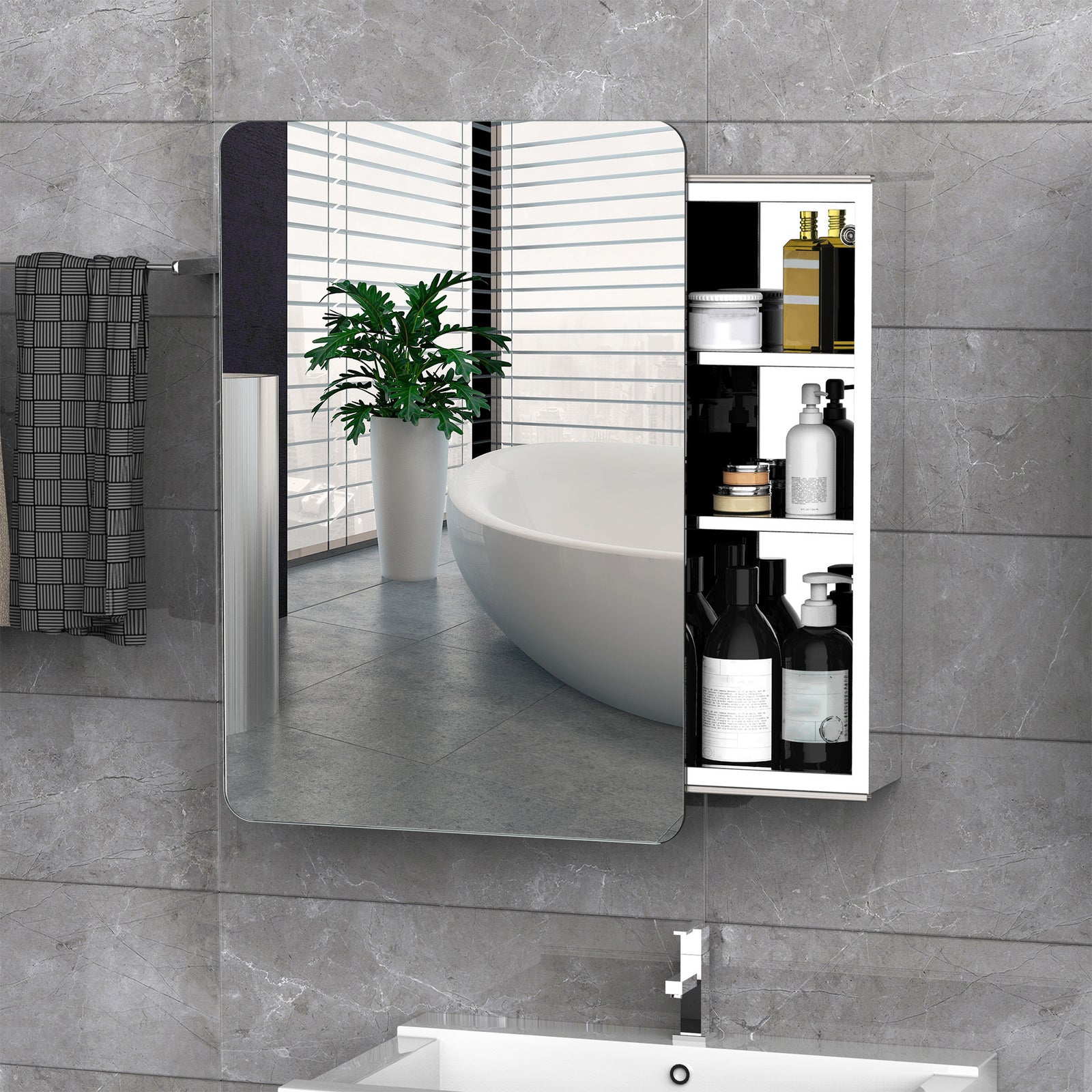 66x46cm Curved Bathroom Storage Cabinet Sliding Mirror Door