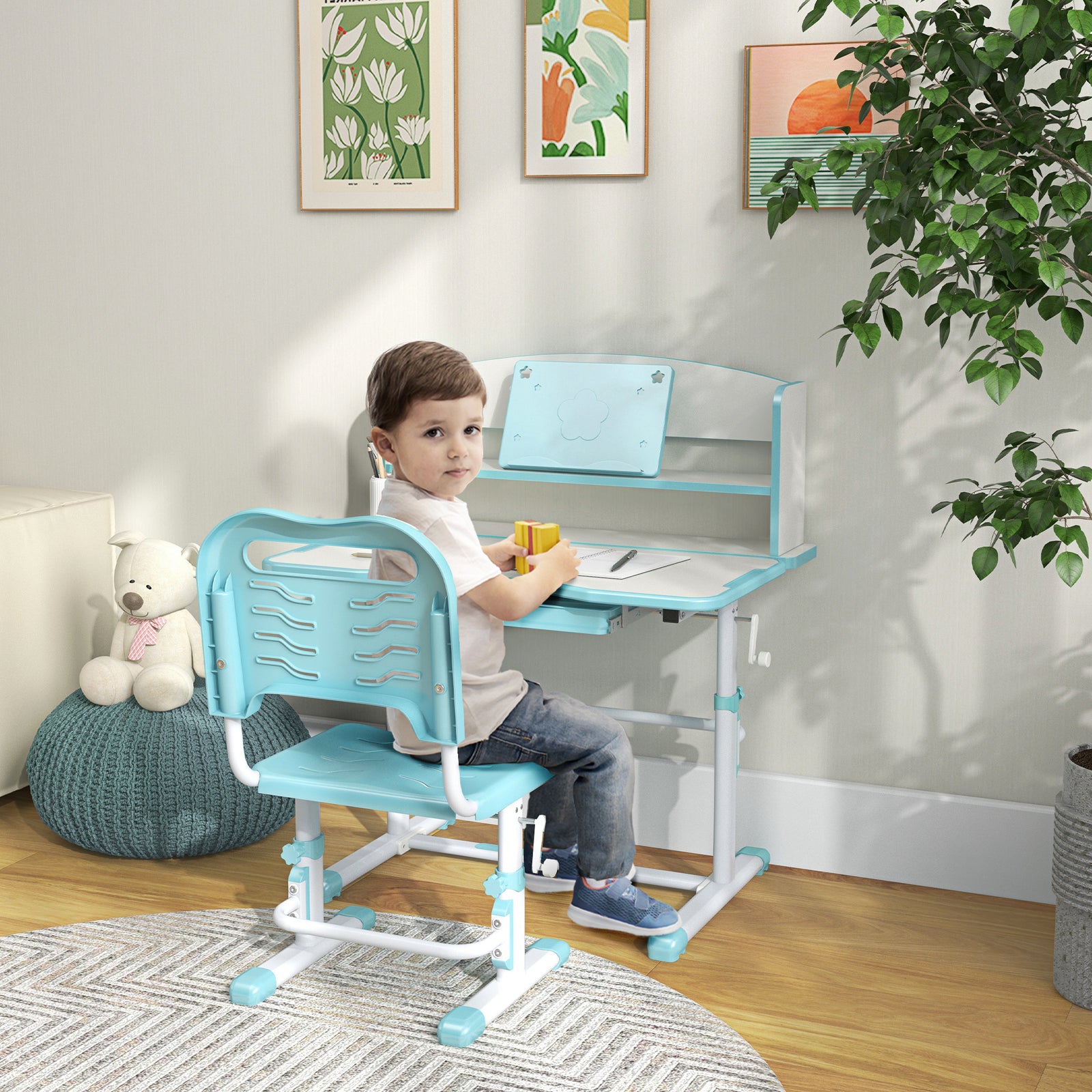 Height Adjustable Kids Desk And Chair Set, With Drawer, Bookshelf | Blue