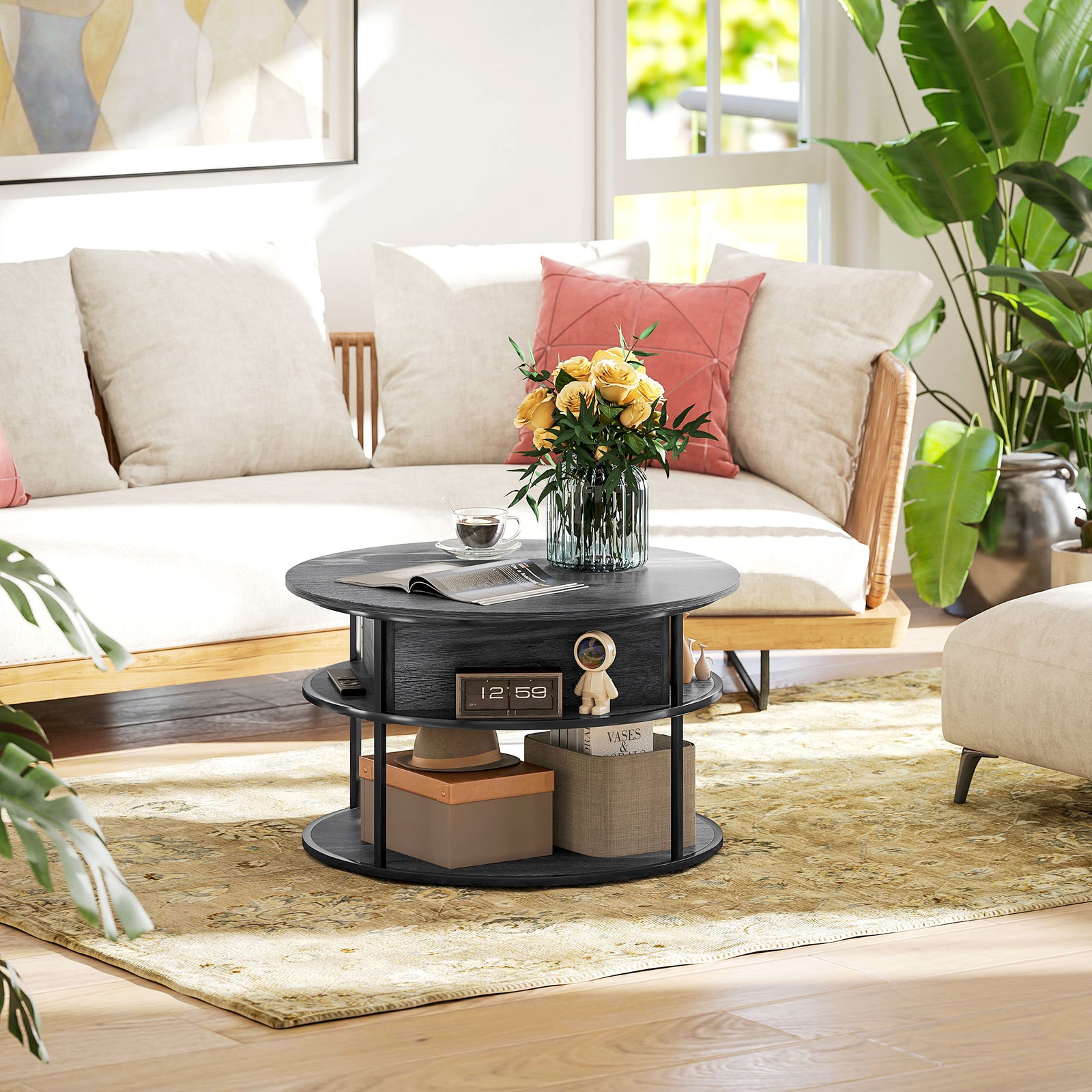 Lift Top Coffee Table, Round Coffee Table With Hidden Storage | Grey