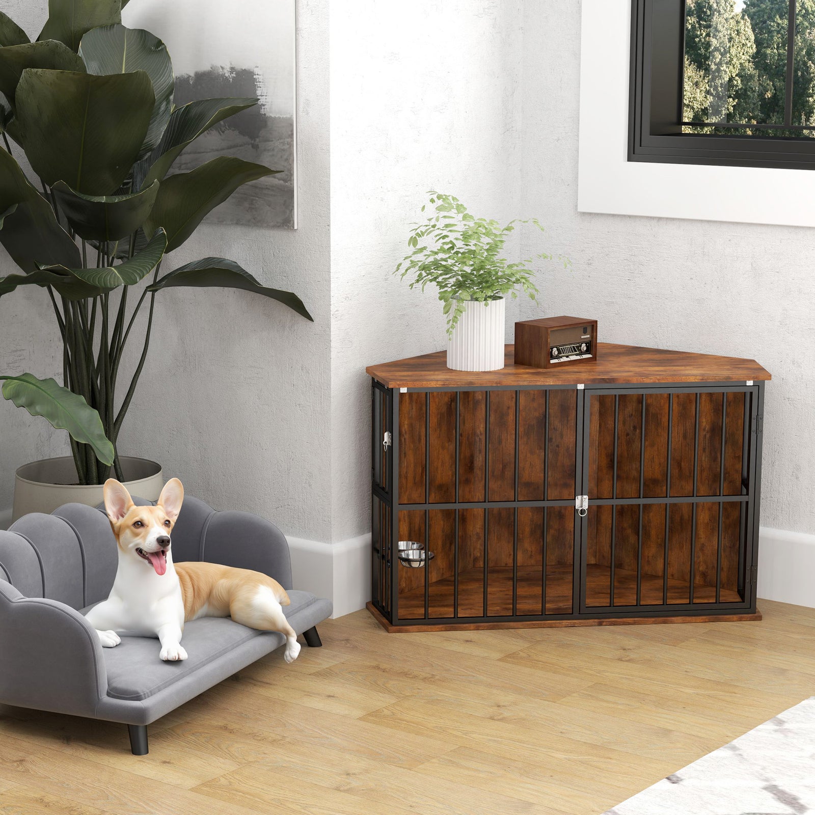Corner Dog Crate Furniture With 2 Bowls For Small & Medium Dogs