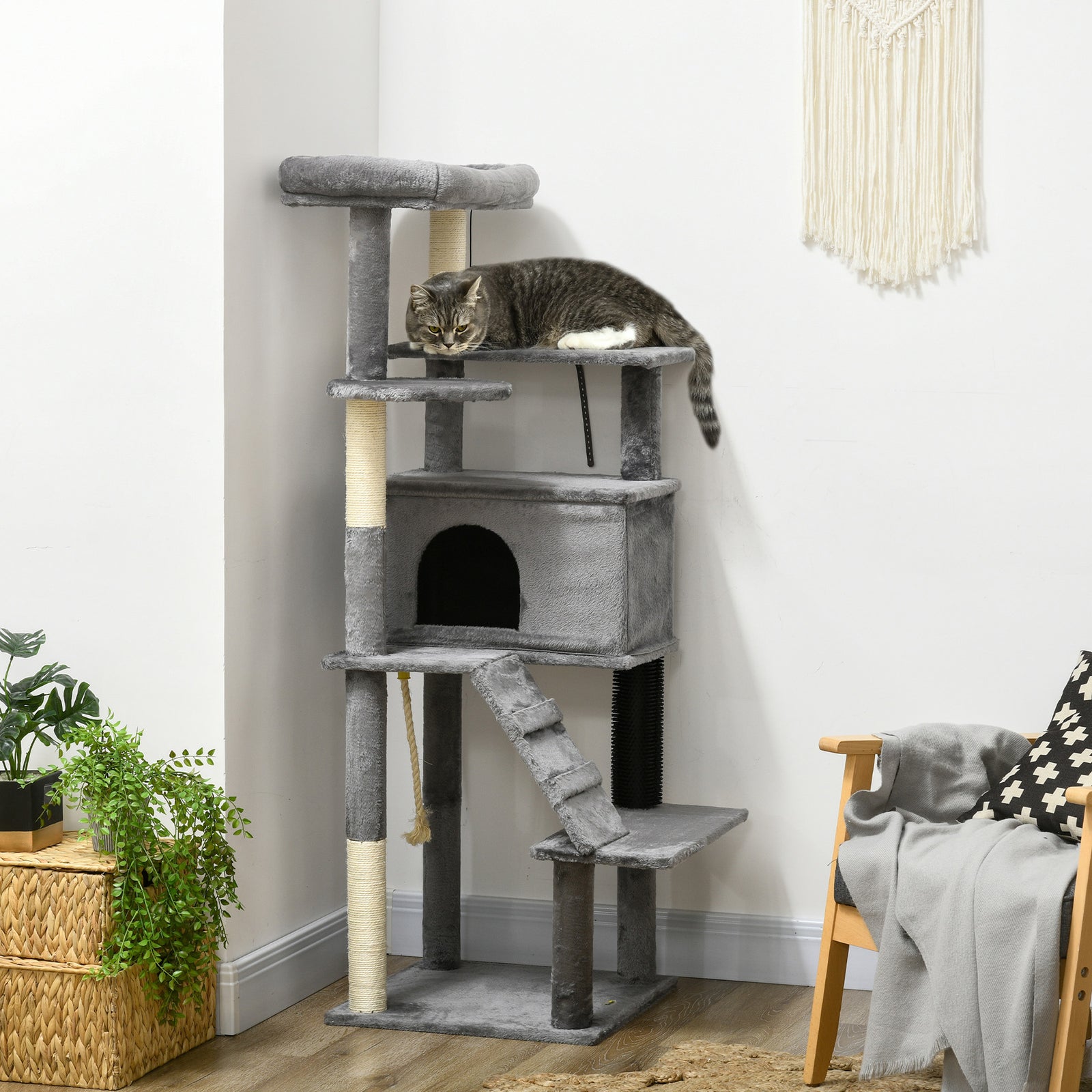 Cat Tree Tower For Indoor Cats With Scratching Post, House, Toy, Grey