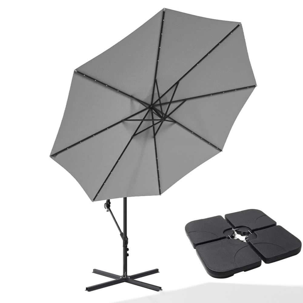 3 M Banana Patio Umbrella Cantilever Garden Parasol With Solar-powered 32 Led Lights, Crank For Opening Closing With Cross Base & Large Fillable Base | One Size | Light Grey