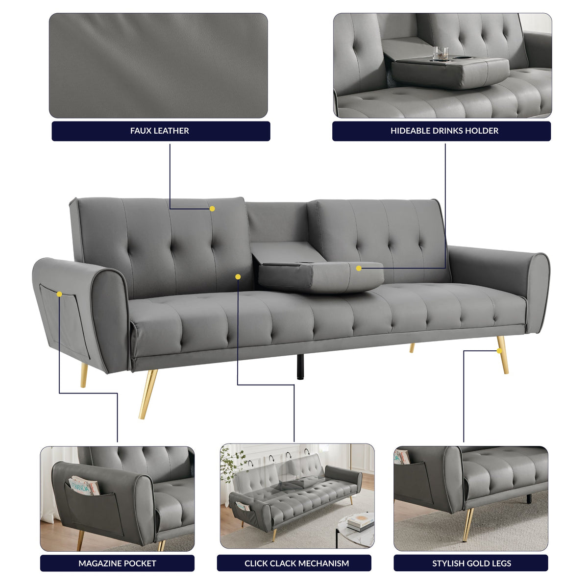 Lora Faux Leather Sofa Bed 3 Seater | Light Grey