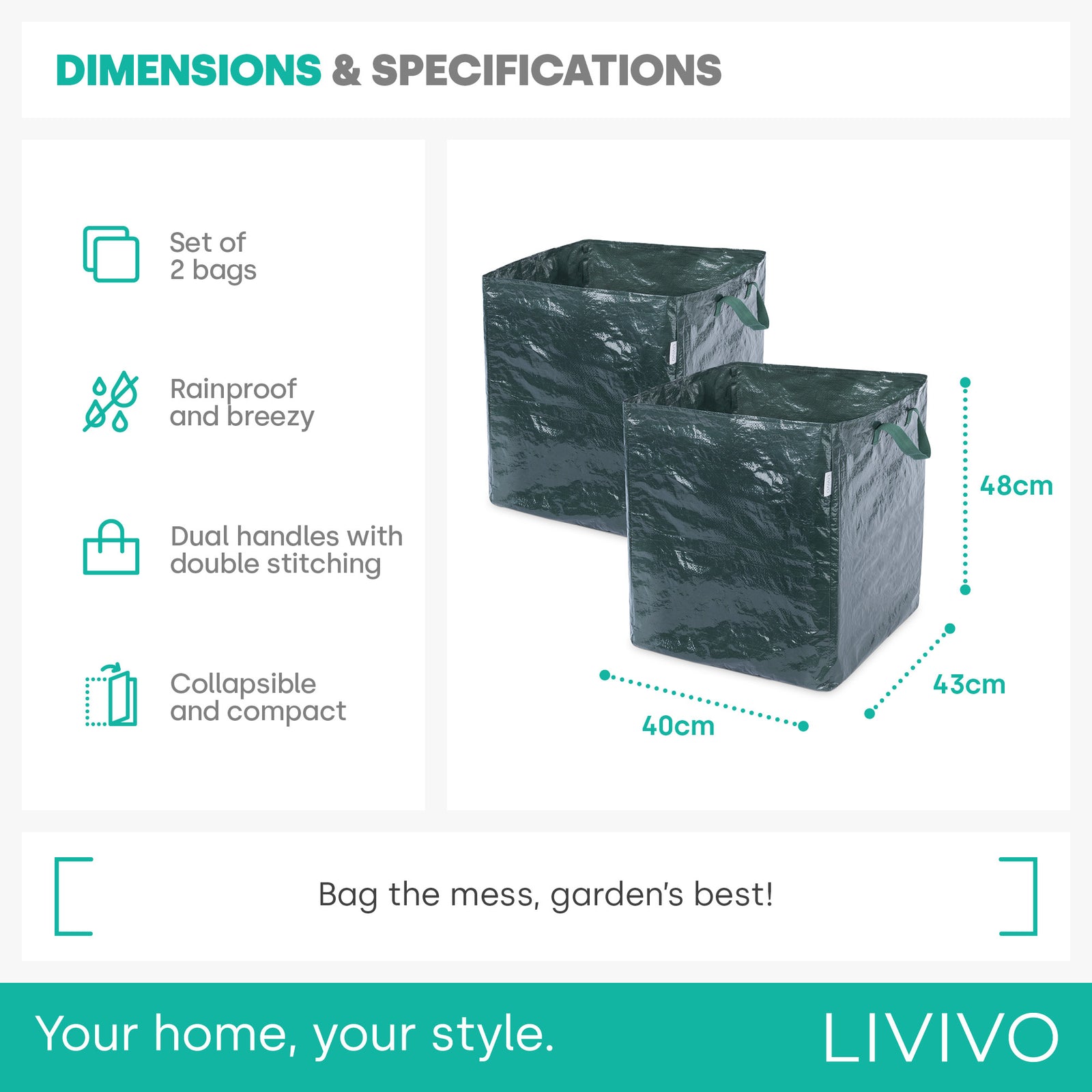 Livivo 82l Garden Waste Bags Set Of 2 Tear Resistant Waterproof Rubbish Sacks