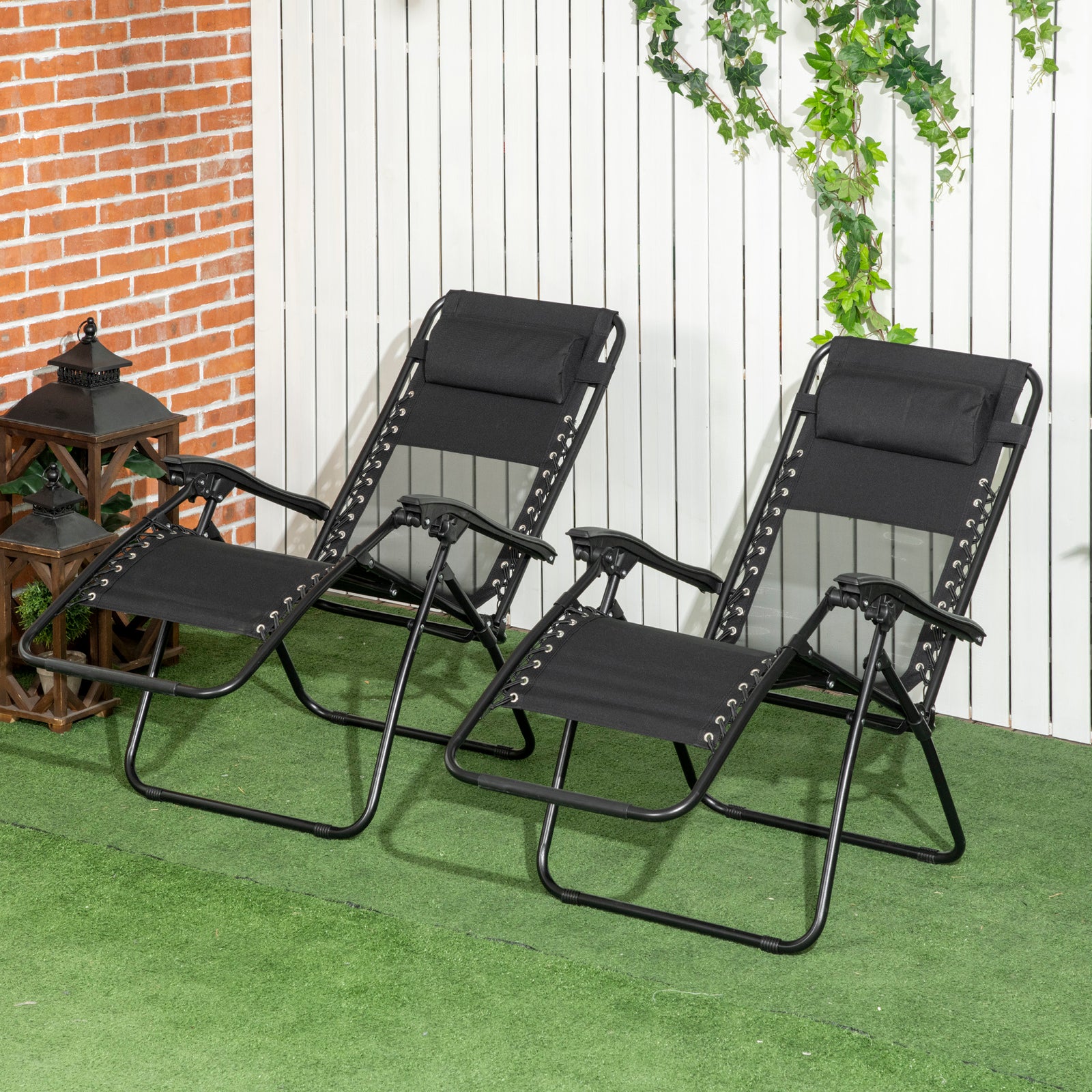 Foldable Garden Recliner Chair Set Of 2 W/ Footstool | Black