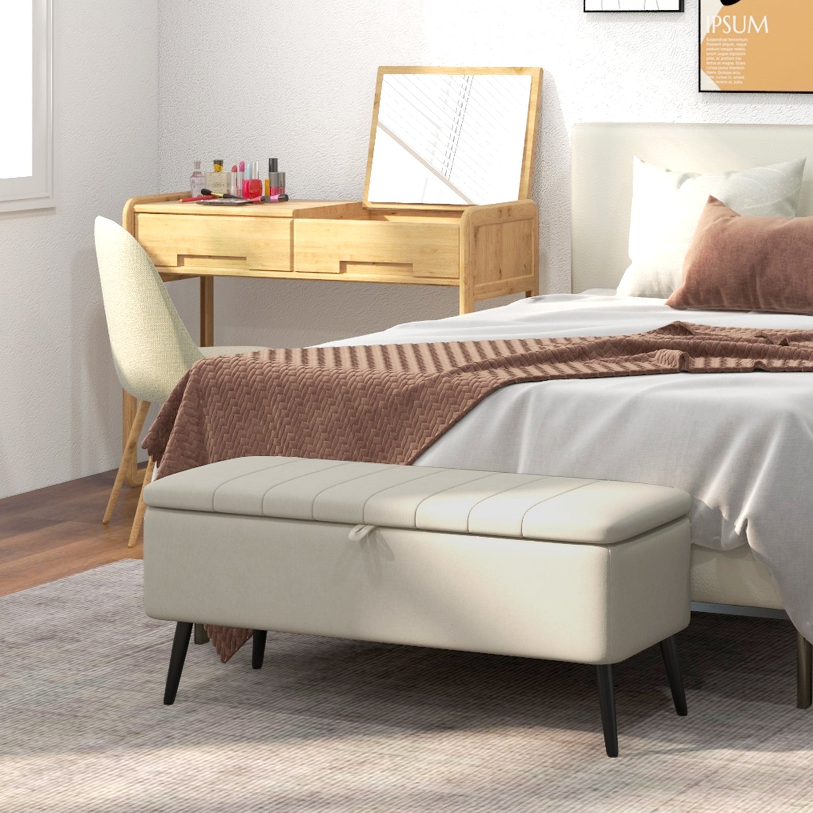 Storage Ottoman, Linen Fabric Bench With Flip Top