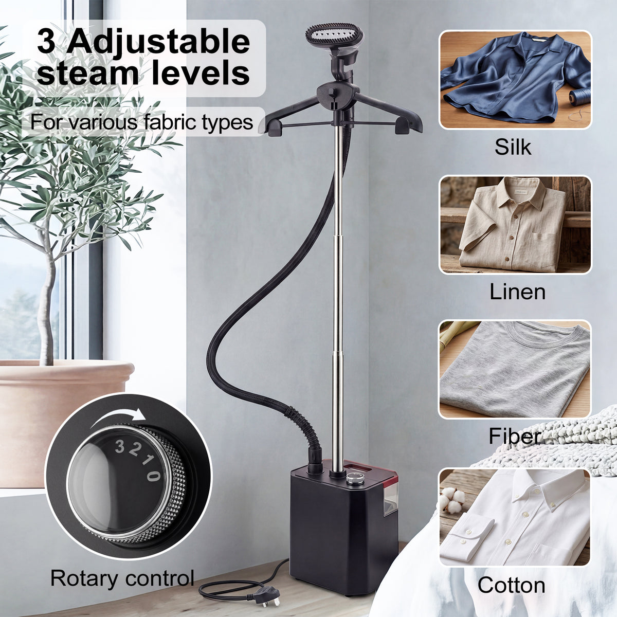 Garment Steamer Standing Clothes Steamer 2200w Wrinkle Remover 3 Levels | Black
