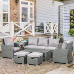 Cushioned Rattan Wicker Sofa, Recliner, Footstool, Table Set | Light Slate Gray