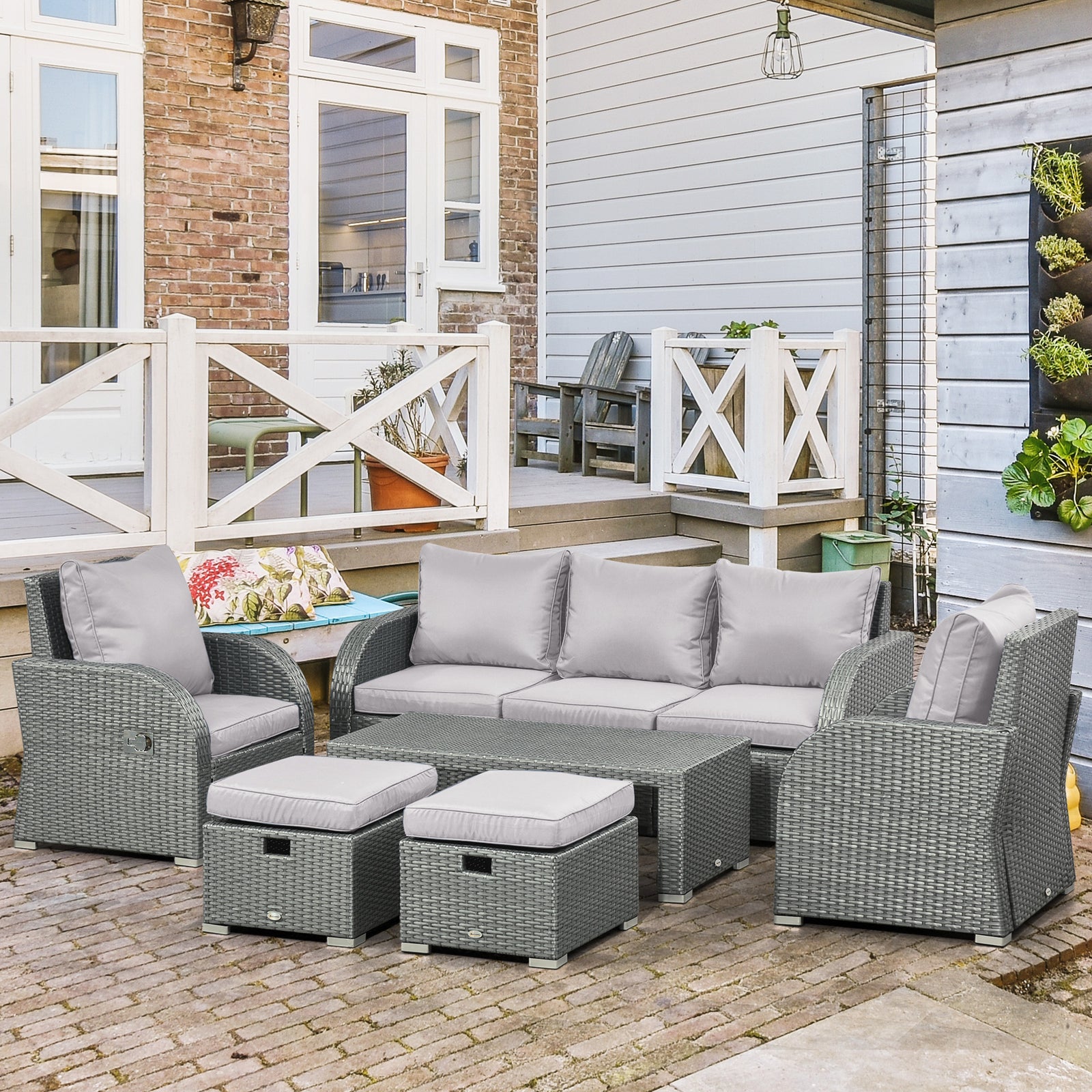 Cushioned Rattan Wicker Sofa, Recliner, Footstool, Table Set | Light Slate Gray