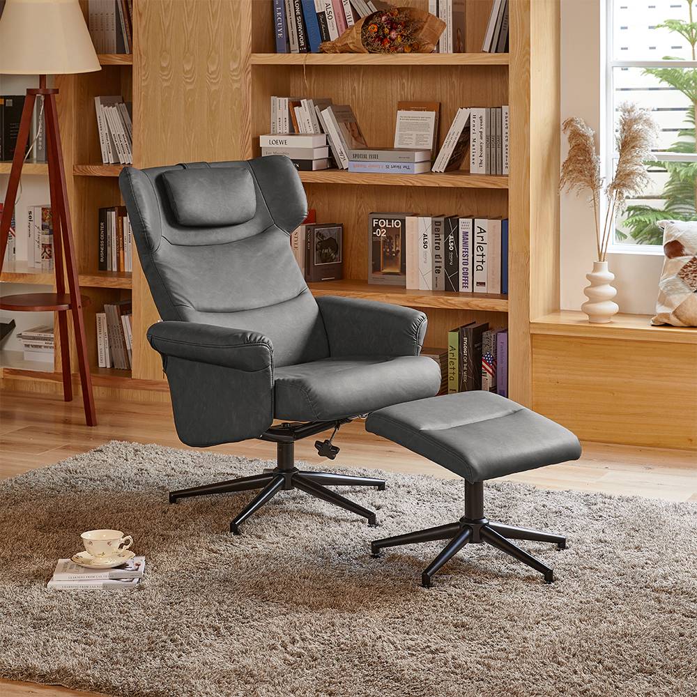 Faux Leather Swivel Armchair With Footstool | Grey